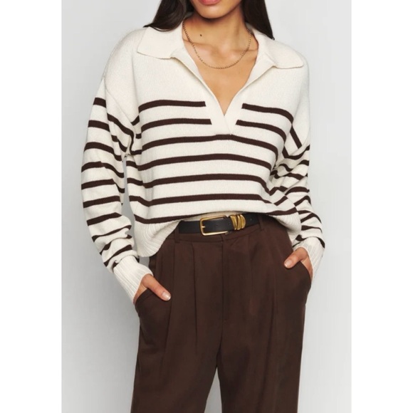 Reformation Sweaters - REFORMATION Francesco Brown and Cream Cotton Polo Sweater